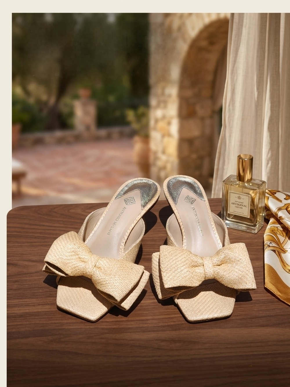Antonio Melani Women's Cream Raffia Bow Kitten Heel Sandal Size 6.5